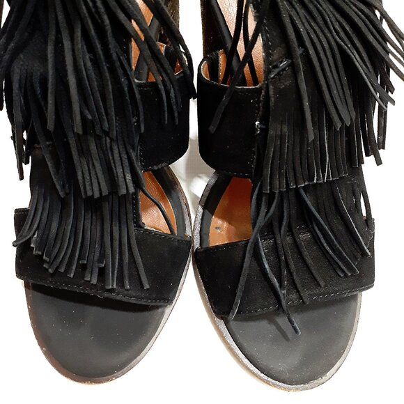 LUCKY BRAND Leesha Fringe T-strap Sandals with Block Heel in Black Suede Leather - Picture 5 of 13